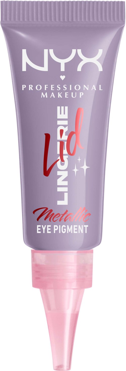 En tub med NYX Professional Makeup Liquid Eye Pigment i lila och rosa design.
