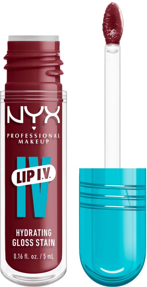 A NYX lip gloss in a red shade with a blue cap and applicator wand.