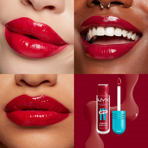 Close-up of lips with shiny red lipstick, showing different expressions and a lip gloss product.
