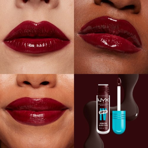 Lippenstift und Lipgloss auf verschiedenen Lippen, mit einem NYX Lippenprodukt in der unteren rechten Ecke.