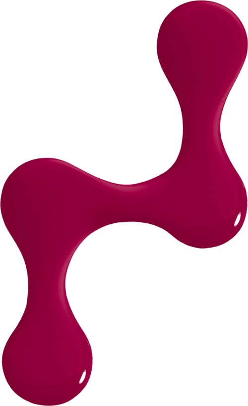 Et pink objekt med tre dele, der ligner to forbundne håndvægte eller piller. Det har en blank overflade.