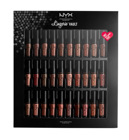 Set med 24 NYX läppstiftsnyanser i en svart låda, organiserade i tre rader, med rosa, röda och bruna nyanser.