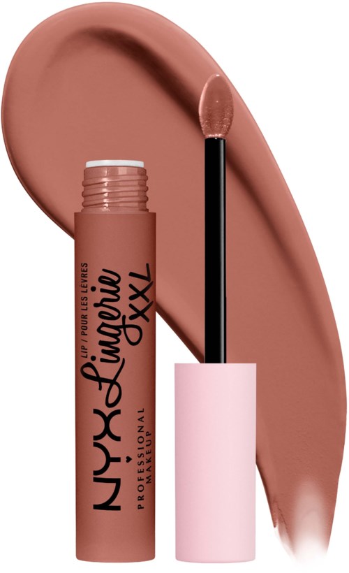 A nude lipstick tube with a large swatch of lipstick next to it and a wand applicator.