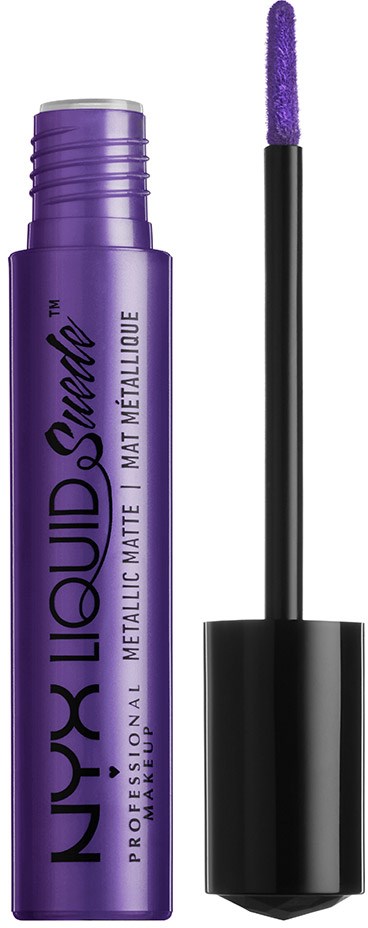 En lila flytande läppstiftstubb med en svart applikator, märkt NYX Liquid Suede, i metallisk matt nyans.