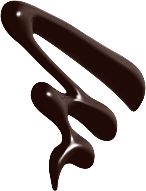 En mörk, smältliknande form med böjd form och glatt yta, liknar en klump flytande choklad.