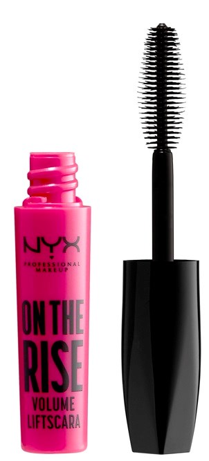 Pink mascara-flaska med en svart borste för ögonfransar. Produktnamnet är 'On The Rise'.