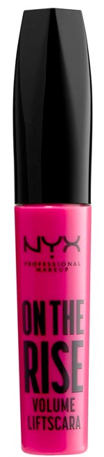 Ett rosa läppglans eller läppstift med svart kork från NYX, märkt 'On The Rise Volume Lift Scara.'