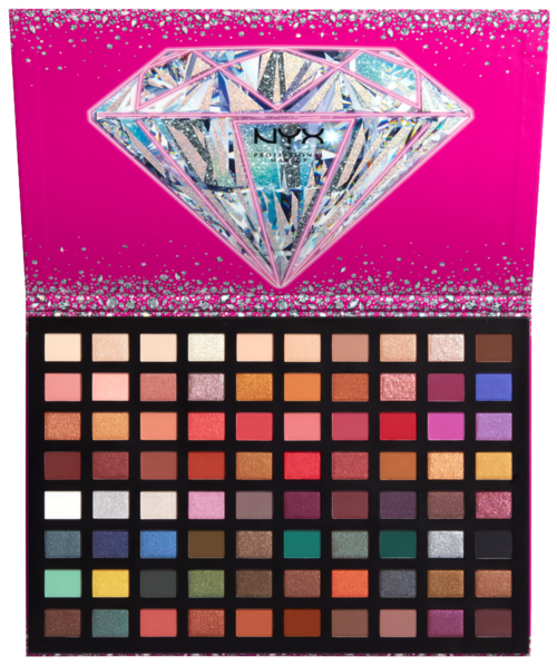 A colorful eyeshadow palette with many shades, and a shiny diamond illustration on a pink background.