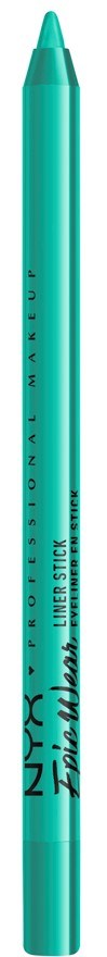 Een turquoise pen met zwarte tekst, gelabeld als NYX en Eye Pencil. Het staat rechtop tegen een zwarte achtergrond.