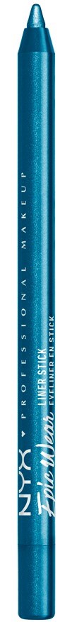 Een blauwe make-uppotlood met tekst, gebruikt voor oog- of lipmake-up, met puntige tip.