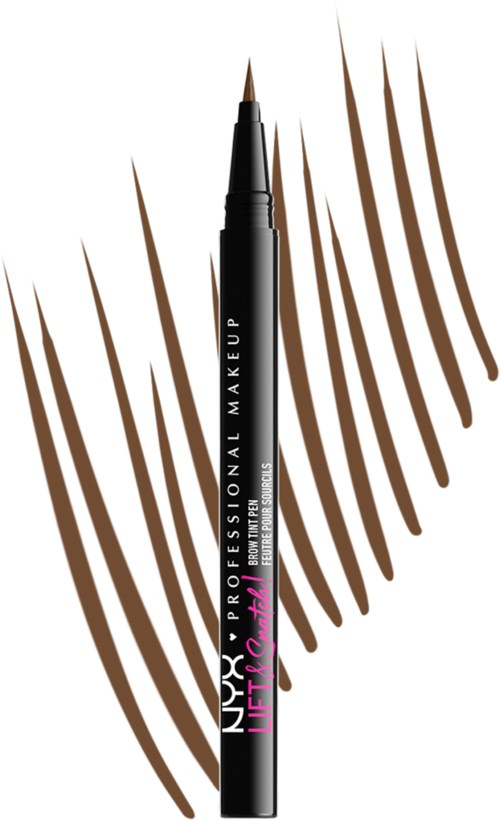 Mustan nestemäisen eyeliner-kynän teräväkärkinen, nimeltä NYX Professional Makeup, aseteltuna ruskeiden viivojen päälle.
