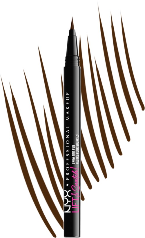 Musta eyeliner-kynä, jossa on valkoista ja pinkkiä tekstiä, ympärillä ruskeita meikkiviivoja valkoisella taustalla.