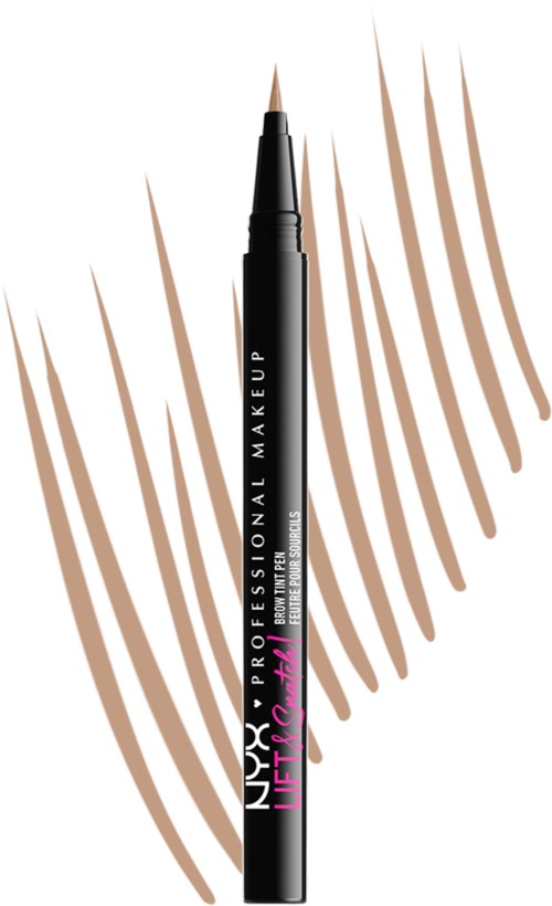 A black liquid eyeliner pen with brown swatch lines behind it. Text on the pen says NYX Professional Make Up.