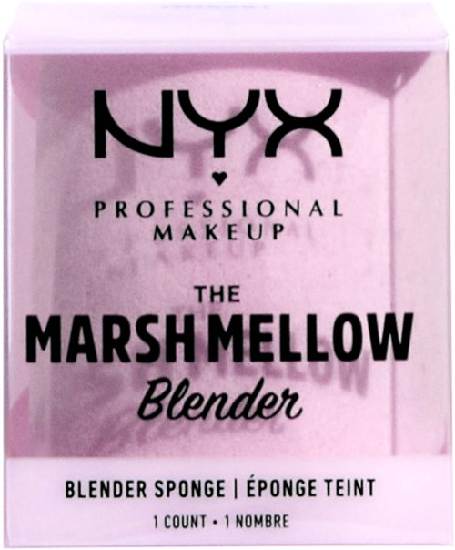 NYX-logotyp, produktnamn: Marsh Mellow Blender, rosa bakgrund, svart och vit text, svampprodukt.