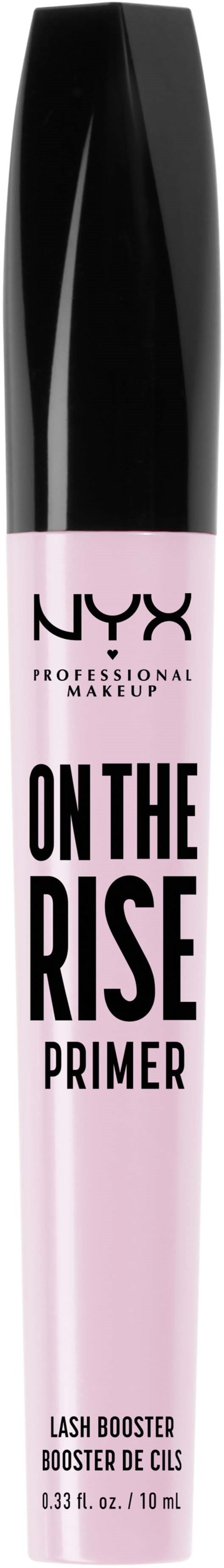 Ett rosa och svart rör märkt 'NYX On The Rise Primer' med svart lock.