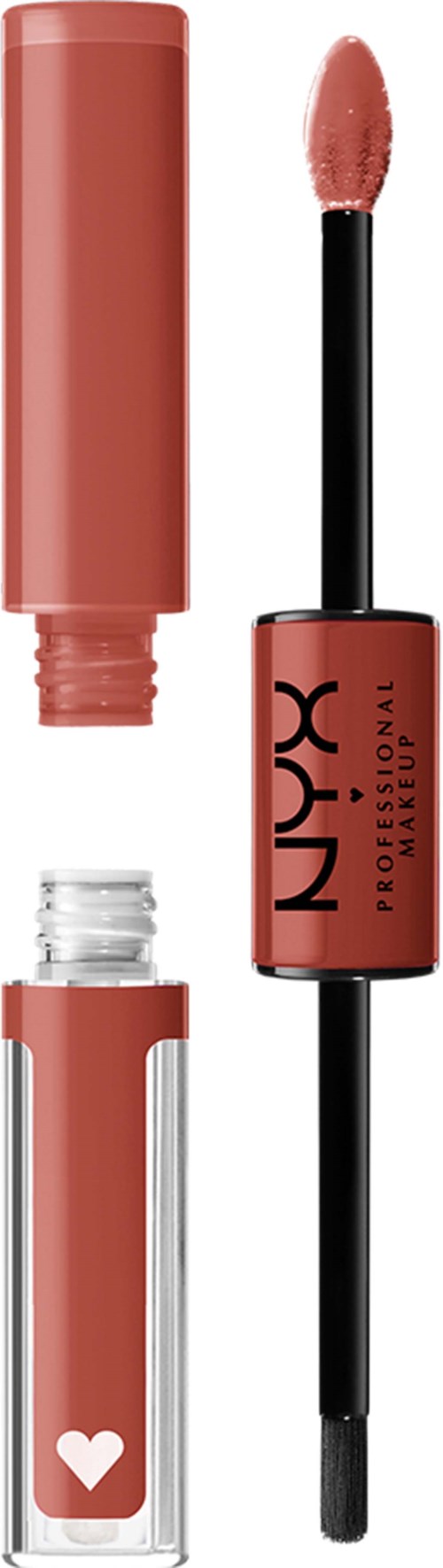 Läppglansrör och applikator med rosa färg, NYX Professional makeup-märke, liten hjärta i botten.