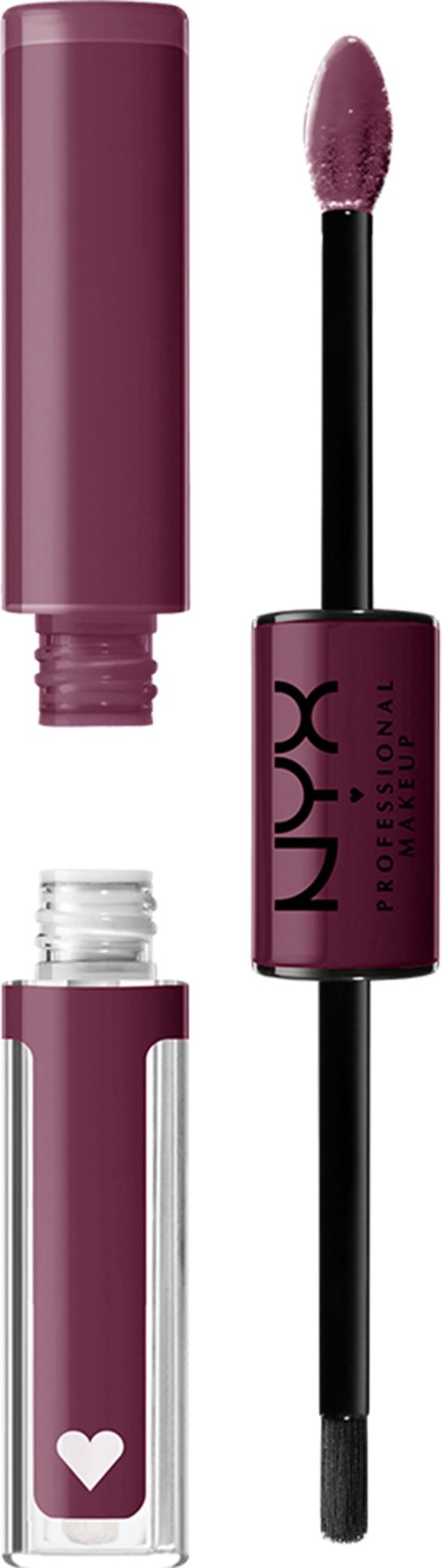 Läppglansrör i lila färg med NYX-logga och en obefläckad svampapplikator med lila gloss.