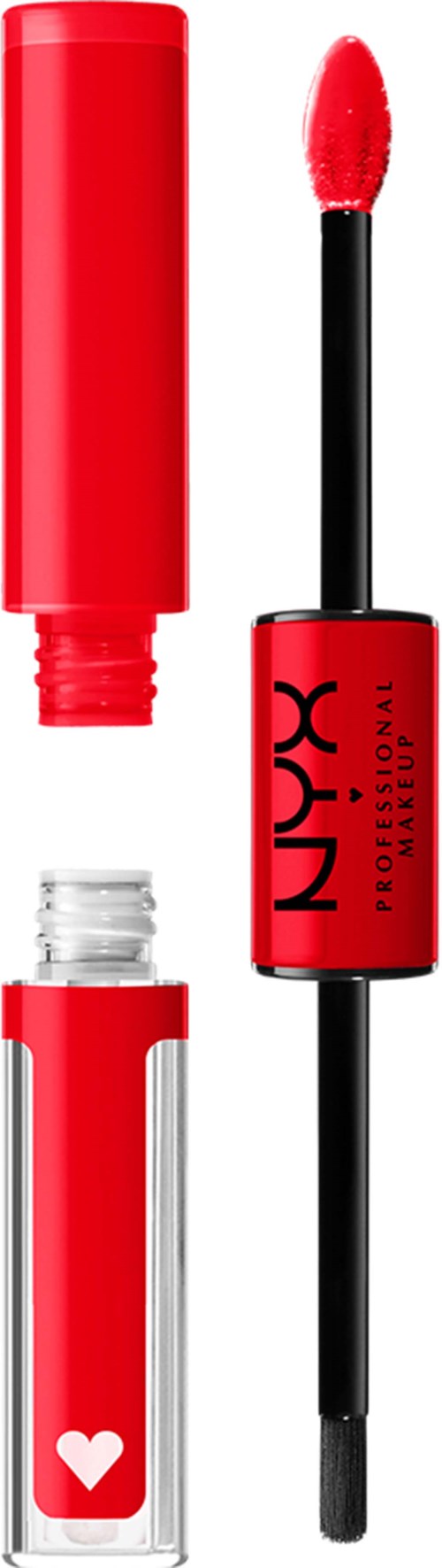 Red lip gloss tube with a heart symbol, open cap, and applicator wand inside.