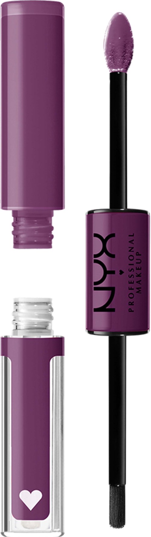 Violetti huulikiilto, jossa on musta aplikaattori ja NYX-logo, avattu putki ja harja näkyvät.