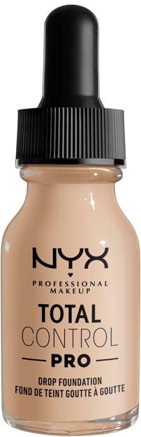 NYX Total Control Pro Drop Foundation -pulloa, vaaleanruskea, musta korkki ja merkintä.