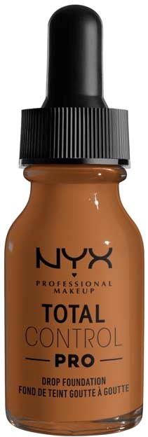 Pieni pullo NYX Total Control Pro nestemäistä meikkivoidetta tipparuuvilla.