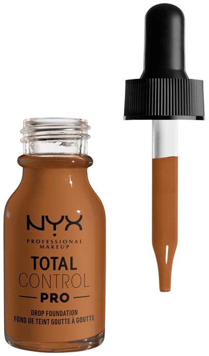Pieni NYX-meikkivoide pullo, tippapipetti, tumma ruskea väri ja musta korkki.