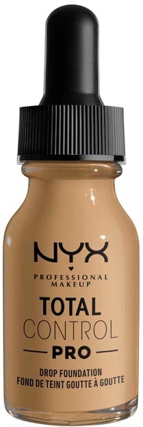 Meikkivoidepullo, jossa musta tippojenkorkki, nimeltä 'NYX Professional Makeup Total Control Pro Drop Foundation.'