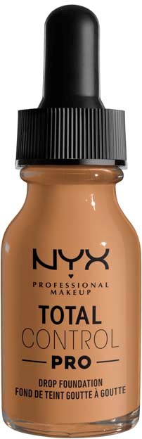 NYX Total Control Pro Drop Foundation -pullo, jossa on musta korkki ja vaaleanruskea neste.