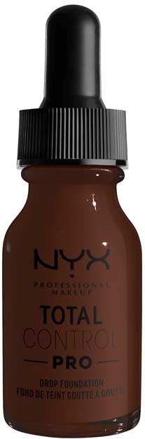 Ruskea pullo mustalla korkilla ja pipetillä, nimeltä NYX Total Control Pro -meikkipohja.