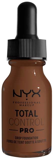 Pieni pullo NYX Total Control Pro -tiputtajauhatetta, musta korkki ja ruskea neste sisällä.