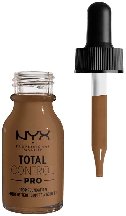 NYX-meikkivoide pullo, jossa tippo, osittain avattu, näyttäen nesteen sisällä.