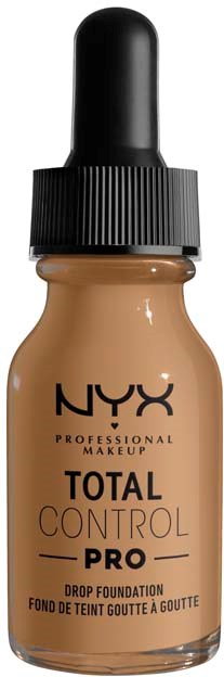 Pieni pullo NYX Total Control Pro tiputäyttöä, jossa on musta korkki ja beigernäytettä sisällä.