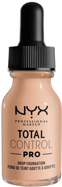 NYX Total Control Pro Drop Foundation -pullo, musta tippo ja beige neste sisällä.