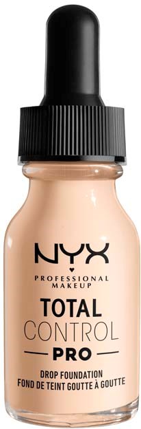NYX Total Control Pro Drop Foundation -pullo, musta tiputippa, vaalean sävyinen neste sisällä.