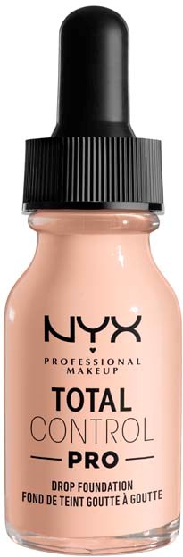 Pieni pullo NYX total control pro -meikkipohjaa, jossa on musta tipparuuvi.