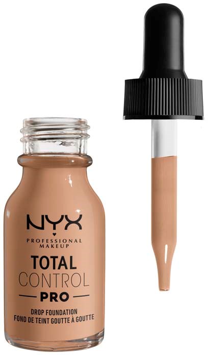 NYX-meikkivoidepullo ja tiputusputki. Etiketissa lukee 'Total Control Pro' ja 'Drop Foundation'.