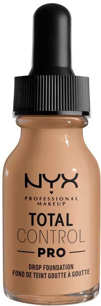 Pieni pullollinen NYX Total Control Pro Drop Foundationilla, musta korkki ja tiputin, beigen värinen.