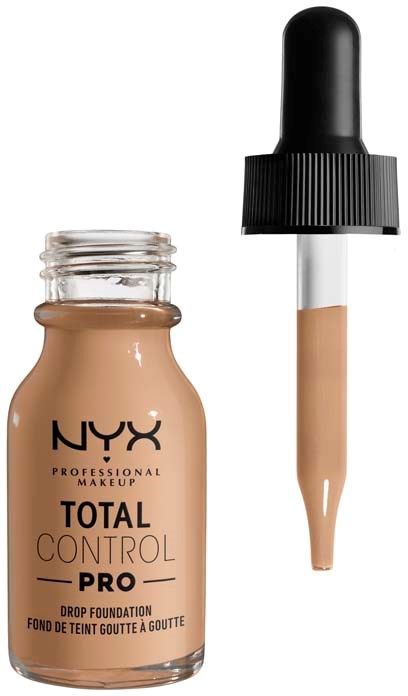 NYX Total Control Pro nestemäinen meikkisaippua pullossa, jossa on tiputin. Meikkipohja on beige.