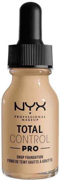 NYX Total Control Pro Drop Foundation pulloa beigetin värisenä ja mustalla kipin.