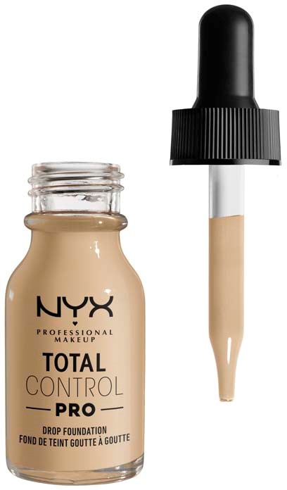 NYX Total Control Pro -puteldoufoundationpullonsäilytys ja tiputin, täynnä beigeä nestettä.