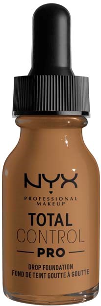 Ruskea pullo, jossa musta tiputin, nimeltä NYX Total Control Pro meikkipohja.