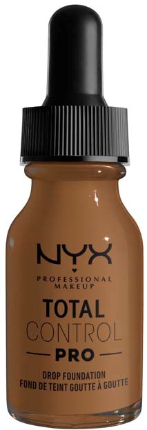 NYX Total Control Pro tippupohjustuksen pullo, ruskea ja musta tiputusihtarullinen korkki.