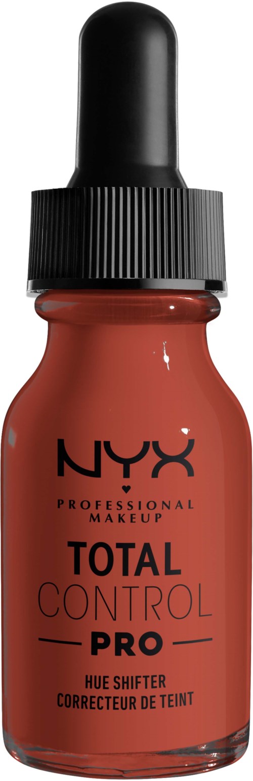 En liten brun flaska med svart pipettlock, märkt NYX Total Control Pro för makeup applicering.