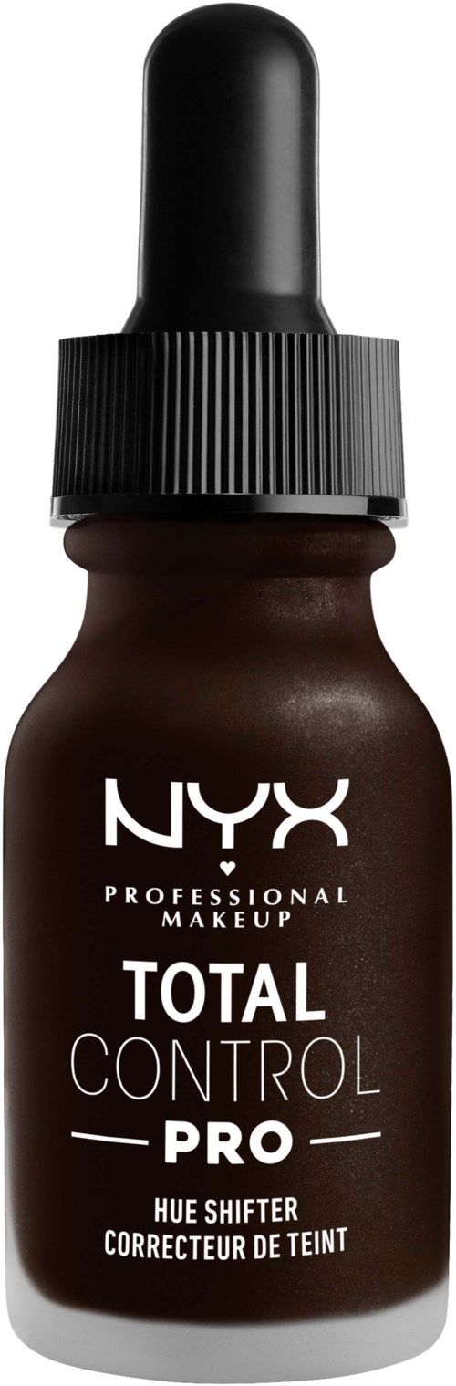 En liten brun flaska med svart pipettlock märkt 'NYX Total Control Pro Hue Shifter' för makeup.