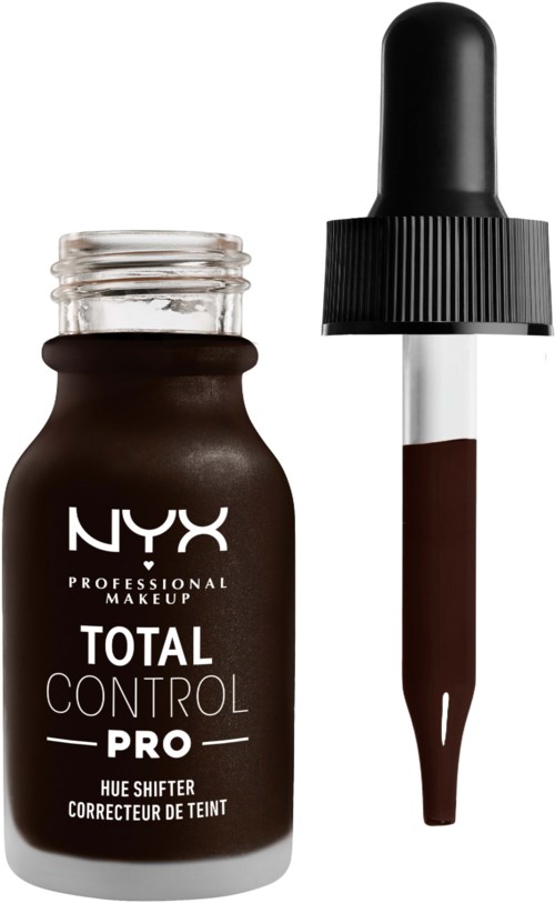 En mörkbrun NYX makeuppflaska med applicatordoppar bredvid.