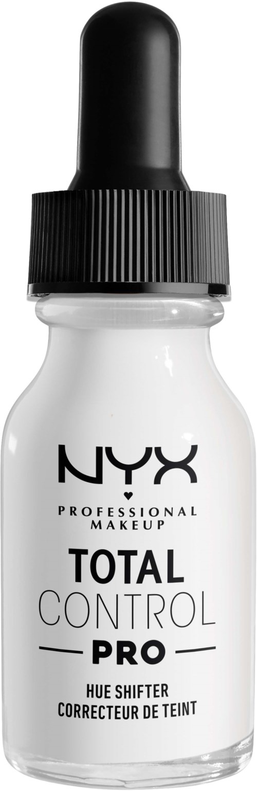 En liten droppflaska med svart lock och vit kropp, märkt NYX Total Control Pro för smink.