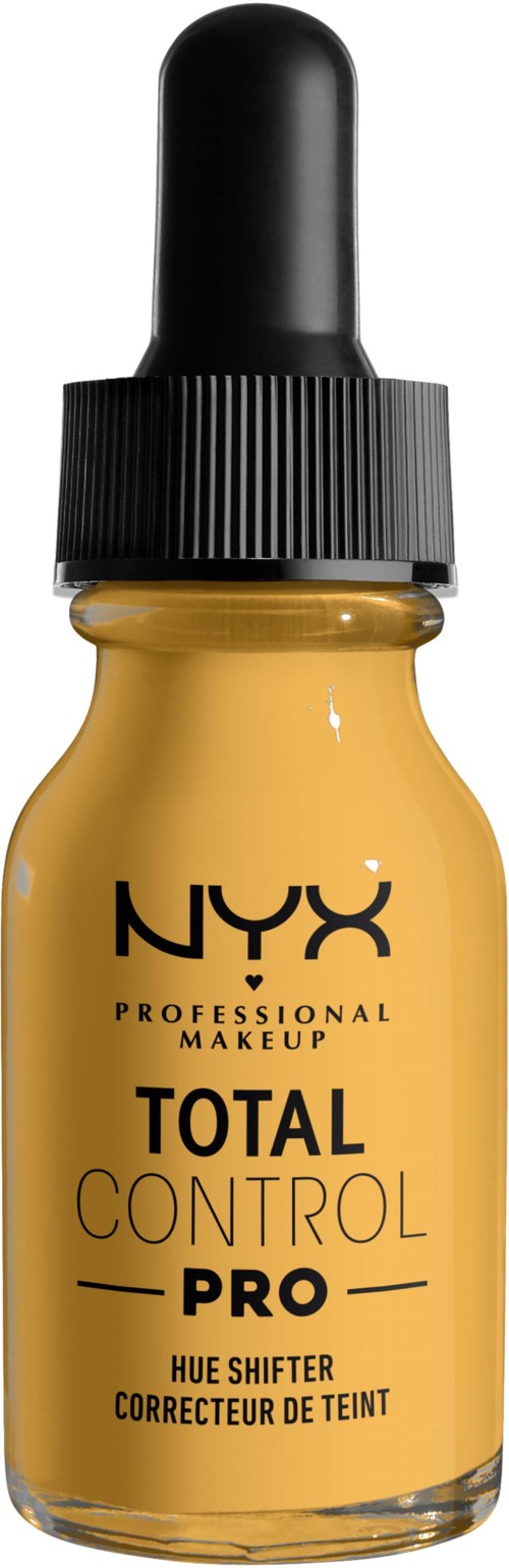 En gul flaska med svart lock och pipett, märkt NYX Total Control Pro foundation.