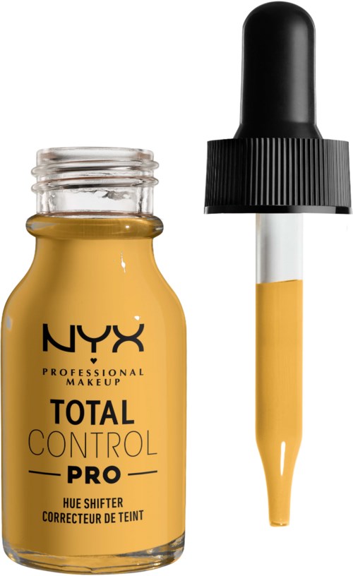 En liten glasflaska med gul vätska och ett svart droppkork, märkt NYX Total Control Pro för makeup-justering.