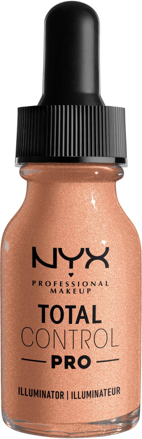 En liten flaska med NYX Total Control Pro-lysstark makeup med en svart pipettlock.