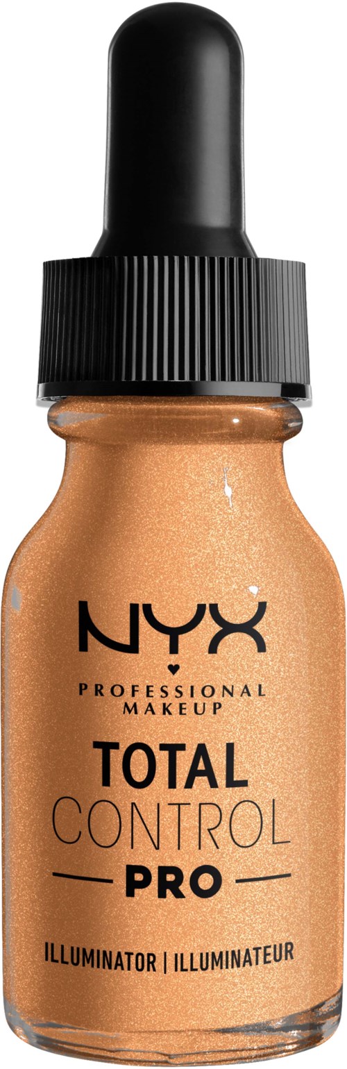 Flaska med NYX Total Control Pro flytande foundation med pipettlock. Ljus beige färg. Märke och produktinformation på etiketten.